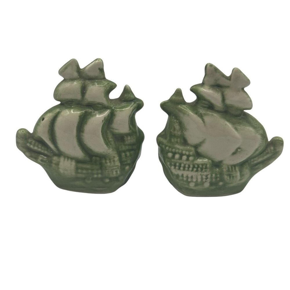 Vintage Green Ceramic Ship Racing Schooner Salt & Pepper Shakers